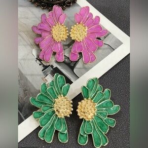 2 Pair Floral Pink and Green Earrings